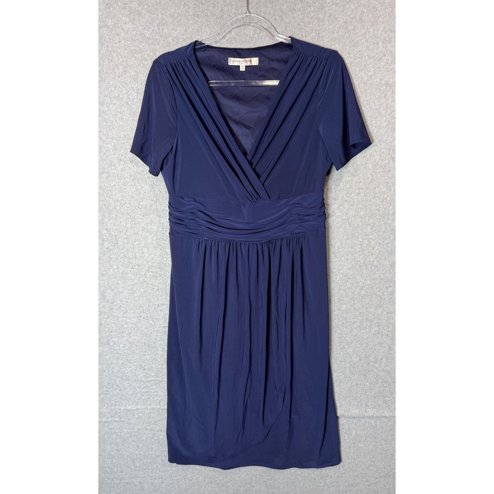 Evan-Picone Dress‎ Womens 14 Navy Blue Ruched V Neck Short Sleeve Knee Length